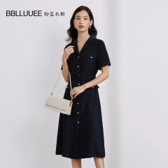 BBLLUUEE/粉蓝衣橱精致西装连衣裙女2021早秋装新款短袖通勤A字裙713L097 水墨蓝 160/38/M