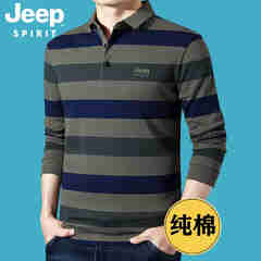 JEEP SPIRIT吉普休闲t恤男长袖纯棉条纹polo翻领体恤衫商务简约男装上衣8031 军绿色 XL码