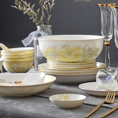 华光 碗碟套装家用 中式骨瓷餐具套装釉中彩盘子碗碟勺 富贵花开32头  富贵花开 32头【灰牡丹】