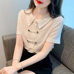 皮尔卡丹（PIERRE CARDIN）小清新娃娃领短袖衬衫女2025年新款春夏休闲新中式盘扣蕾丝衫上衣 广东普宁女士衬衫米白色 S 女士衬衫新款洋气