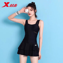 特步游泳衣女夏2025新款高级感网红风大码遮肉显瘦连体泡温泉泳装新品 黑色 L （建议体重95-105斤）