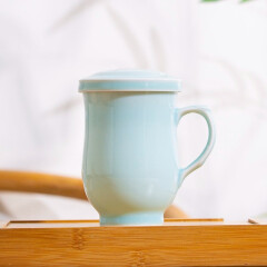 琅宋龙泉青瓷带过滤  高温烧制茶水分离陶瓷礼品杯   青罗盖杯 过滤