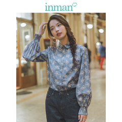 茵曼（INMAN）2019秋装新款翻领文艺复古灯笼袖碎花衬衫女 18930|11026 蓝色 M