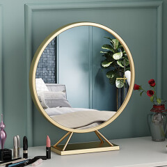 简约金色梳妆台化妆镜北欧桌面卧室镜公主网红桌镜圆形壁挂美容座镜 单面镜直径40*50高