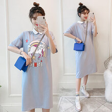 敏潮格伦孕妇装夏装新款polo长裙宽松大码短袖连衣裙纯色棉质T恤夏天裙子 蓝色【两面穿】 XL