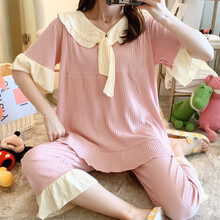 七采雏菊夏季纯棉月子服短袖孕妇睡衣产后哺乳喂奶衣短袖中裤孕妇家居服大码睡衣女韩版公主风孕妇装 3041粉色纯棉短袖套装 XL码（130-150斤内合适）