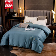 床恋物语 全棉60支长绒棉被套单件 被罩 单人双人床纯棉简约纯色被套 刺绣 可配床单 枕套 浅石兰 200*230CM单被套