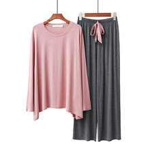 莫代尔睡衣女春秋冬季长裤宽松胖mm月子服长网红撞色大码家居服 虾粉+深灰套装 L(140-170斤)