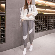 欣柏纶 2020新款孕妇裤子外穿春秋款小脚裤运动孕妇装打底裤休闲纯棉托腹裤夏季居家潮妈薄款 灰色 M