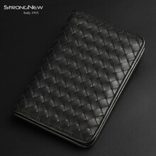 STRONGNEW 个性护照本小巧迷你薄款卡片包男真皮软皮卡夹男士意大利进口牛皮手工编织简约潮流卡包 黑色 打蜡胎牛皮