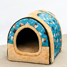 amoor 夏天狗窝凉席猫窝别墅狗屋房子冬天保暖泰迪小型犬宠物床窝四季通用可拆洗 猫咪蓝窝（配垫子） L-建议20斤内