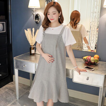 敏潮格伦孕妇装时尚款新款上衣纯色棉质条纹孕妇夏装连衣裙宽松孕妇裙 9051灰条 XXL