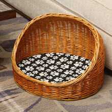 藤编猫屋柳编狗窝猫窝四季通用夏天可拆洗中小型犬泰迪编织宠物窝 蜜糖色+垫子 中号50*41适合10斤以内