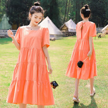 孕妇装夏装纯棉连衣裙时尚潮妈洋气长裙个性仙女裙中长款宽松大码裙子 橘色裙子 XXL【建议145-160斤】