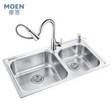 摩恩（MOEN）厨房水槽双槽套装拉丝面304不锈钢830mm洗菜盆配随心抽拉水龙头冷热29104SL+GN68000