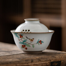 昌朴居 汝窑盖碗茶杯单个三才泡茶碗开片可养复古茶碗带盖茶具防烫手抓壶 汝窑快客盖碗-春华秋实