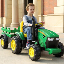 儿童电动玩具车四轮可坐人小汽车可遥控拖拉机童车加大车身尺寸款双人座位越野款童车带后拖车座位 绿色 高配款车头+后拖斗+双驱+音乐早教机+灯光