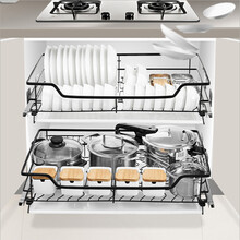 双层抽屉式调味拉篮厨房橱柜子碗碟篮架纳米置物架304不锈钢开门式沥水置物架缓冲阻尼轨道滑轨800柜体 【银色】不锈钢扁钢双层【750柜体】-5