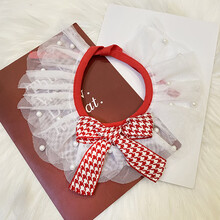 优乐奇猫咪狗狗口水巾小清新公主风布偶蓝白英短泰迪柯基蕾丝边围脖饰品 红色(珍珠+蝴蝶结) 蝴蝶结 XS-小型