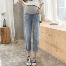 孕妇裤子春秋外穿牛仔裤宽松阔腿裤春夏季薄款老爹裤潮妈春装夏装 蓝色 XL