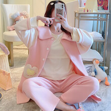 回访人三件套月子服秋冬保暖空气棉夹层孕妇睡衣冬季10月份大码哺乳衣11 H1846#夹层粉爱心 女款XL码 130-150斤