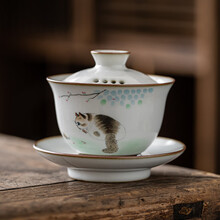 昌朴居 汝窑三才盖碗单个大号可养开片茶碗带盖碗茶杯陶瓷功夫茶具泡茶碗 猫咪有孔盖碗-小财猫