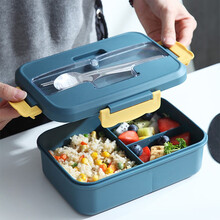 餐将军 便当盒带餐具 上班族学生饭盒早餐汤杯可微波炉大容量加深3分格带餐盒餐具塑料饭盒1200ml 分隔PP饭盒【深蓝】小号（饭盒+筷勺）