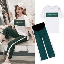 孕妇裤夏天外穿宽松舒适孕妇装夏装时尚新款托腹孕妇打底短裤夏季孕妈装休闲孕妇T恤短袖上衣孕妇套装 两件套 M