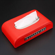 车小葱 汽车用品车载纸巾盒带车标夜光号码停车牌纸抽盒车用中控台抽纸盒 黑色米边 中国红 夜光停车牌纸巾盒QJD7339