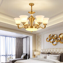 可洛 美式吊灯全铜客厅灯餐厅卧室黄铜简约欧式复古经典奢华灯具 6头（直径72 高度42）带6瓦三色光源+包安装