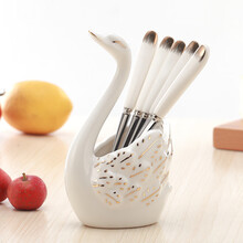 创意欧式陶瓷不锈钢天鹅水果叉子套装家用可爱儿童水果签甜品叉 白天鹅水果叉套装（6条勺子）亏本促销 当天发货