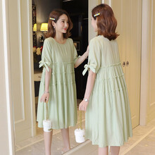 新款孕妇装夏装时尚潮妈短袖孕妇套装春夏季中长款外穿孕妇裙夏天大码孕妈装宽松舒适孕妇连衣裙子 牛油果绿 XXL