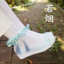 新款原创古风配改良汉服鞋子女文艺百搭帆布鞋古装学生儿童系绑带 浅蓝色 若烟坡跟送白丝袜 36