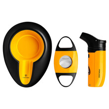 茄皇（Cigarking）锋利雪茄剪防风打火机创意大口径烟槽雪茄烟灰缸3件套 黑黄