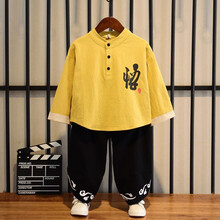 沐兜熊男童汉服古装表演服中国风秋儿童国学服幼儿演出服小童二件套唐装套装男宝古风少爷服抓周礼服 黄色 140
