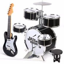 小孩玩的架子鼓 爵士鼓小孩男孩男童生日礼物儿童乐器架子鼓玩MYFS 特大号爵士黑+电吉他(黑)鼓谱 配凳子鼓架可调节