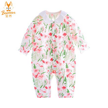 宝然 宝宝衣服婴儿连体衣女童家居服纯棉夏装薄款长袖睡衣空调服连身哈衣爬服宝宝夏装2449 繁花粉色 90cm