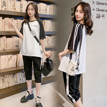 孕妇裤夏天外穿宽松舒适孕妇装夏装时尚新款托腹孕妇打底短裤夏季孕妈装休闲孕妇T恤短袖上衣孕妇套装 【短袖+托腹裤】套装 L