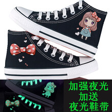 童鞋儿童高帮帆布鞋女童鞋2021新款动漫涂鸦休闲板鞋百搭透气布鞋子 高帮黑蝴蝶结女孩 34
