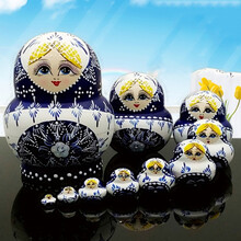 俄罗斯套娃玩具十层手绘抖音网红同款创意玩具 青花色大肚娃10层