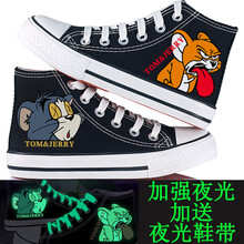 童鞋儿童帆布鞋女童小白鞋男童卡通动漫夜光休闲鞋板鞋2021夏季新款布鞋宝宝软底单鞋 高帮黑猫鼠 26-30码请留言