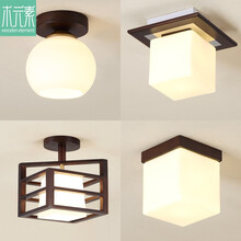 木元素 过道玄关灯木质小吸顶灯玻璃灯具走廊入户阳台灯中国风实木禅意仿古灯饰 D款 1301方 赠送 双色led灯泡(E27)