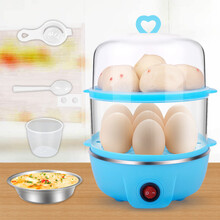 双层煮蛋器家用不锈钢 鸡蛋羹蒸蛋器自动断电煮蛋机 蓝平盖双+钢碗+分离器+勺子+量杯