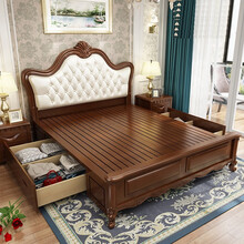 实木床欧式双人床现代简约橡木床1.5米1.8米2.0米双人美式婚床卧室公主高箱储物床 套餐八【床+20公分乳胶弹簧垫+1柜】【六色可选】 1500mm*2000mm 框架结构