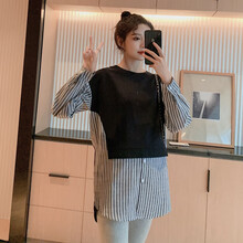 郁莎 孕妇套装2021秋装新款潮妈拼接遮肚孕妇上衣托腹裤两件套 黑色 M