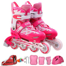 美洲狮（COUGAR）溜冰鞋成人轮滑鞋儿童套装初学可调码男女直排休闲旱冰鞋835 粉白鞋全套装 S码29-32