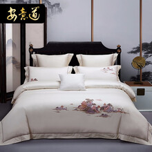 安意道家纺140支长绒棉四件套全棉纯棉床上用品 新中式国风刺绣床单被套款床品套件 江庭揽月-象牙白 1.8米/2.0米床宽四件套