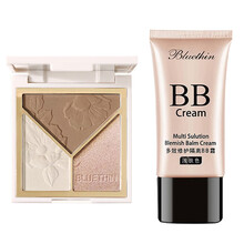 BLUETHIN三色修容盘 高光修容阴影一体盘哑光珠光闪粉鼻影持久带妆学生网红款 01#巧克力拿铁色+多效隔离修护BB霜