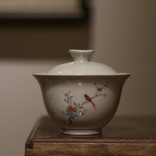 素以 景德镇古青釉草木灰盖碗单个茶杯不烫手泡茶大号陶瓷功夫茶具茶碗 古青釉盖碗-牡丹