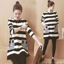 孕妇装秋冬装时尚孕妈装春秋季套装宽松外穿孕妇连衣裙加厚保暖孕妇打底裤裤子新款条纹上衣 黑色+黑色托腹裤 L